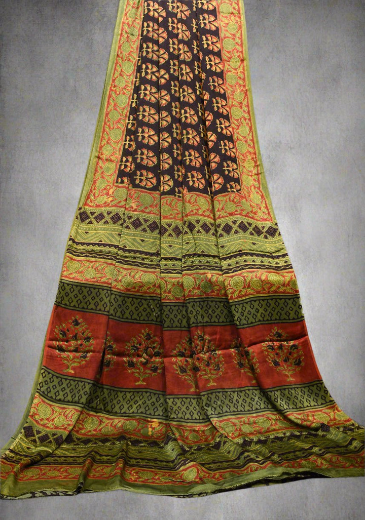 Vanaspati Hand Block Print on Modal Silk Saree in Black