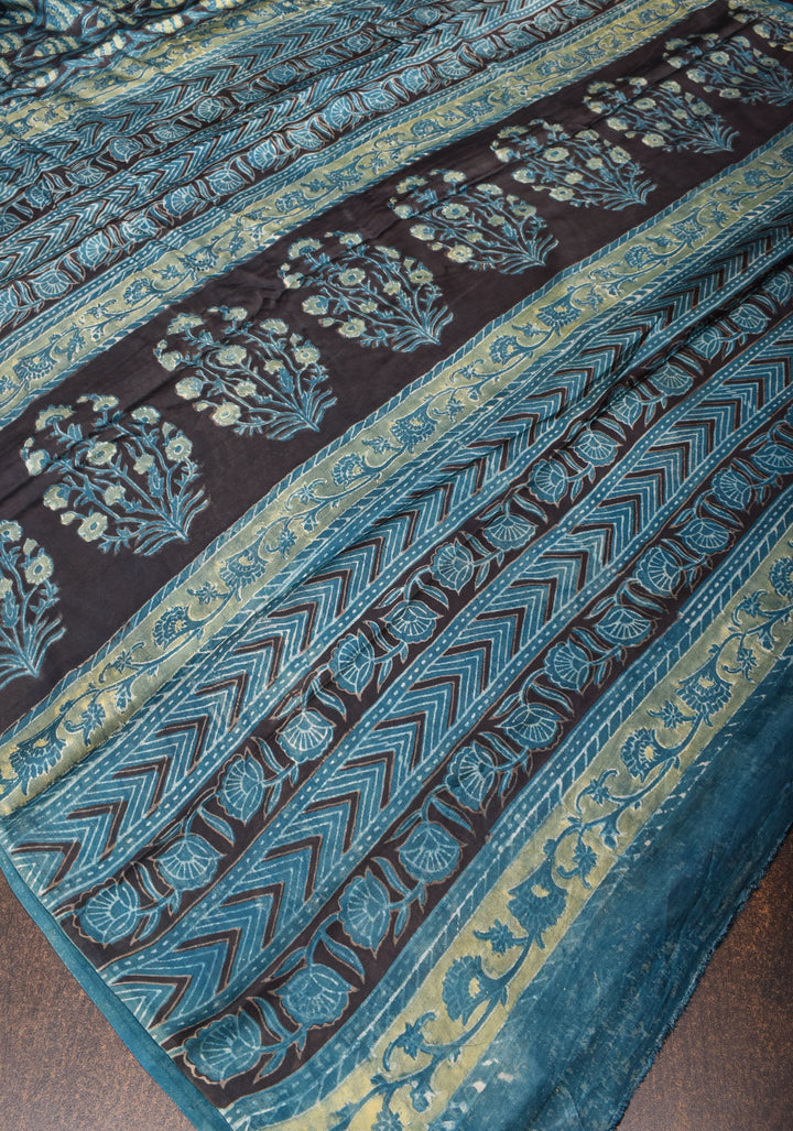 Vanaspati Hand Block Print on Modal Silk Saree in Black