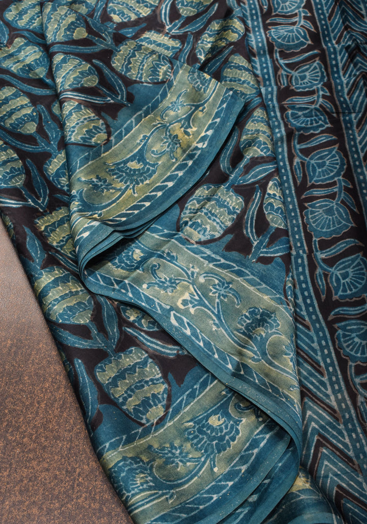 Vanaspati Hand Block Print on Modal Silk Saree in Black