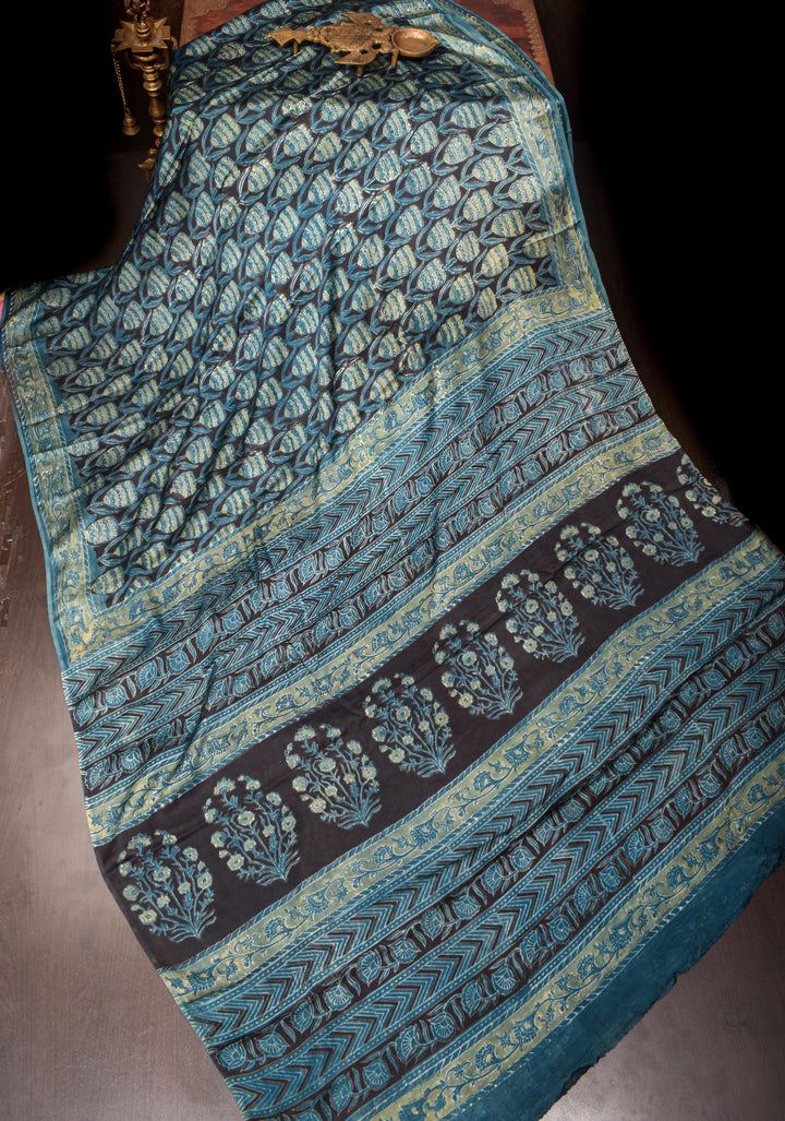 Vanaspati Hand Block Print on Modal Silk Saree in Black