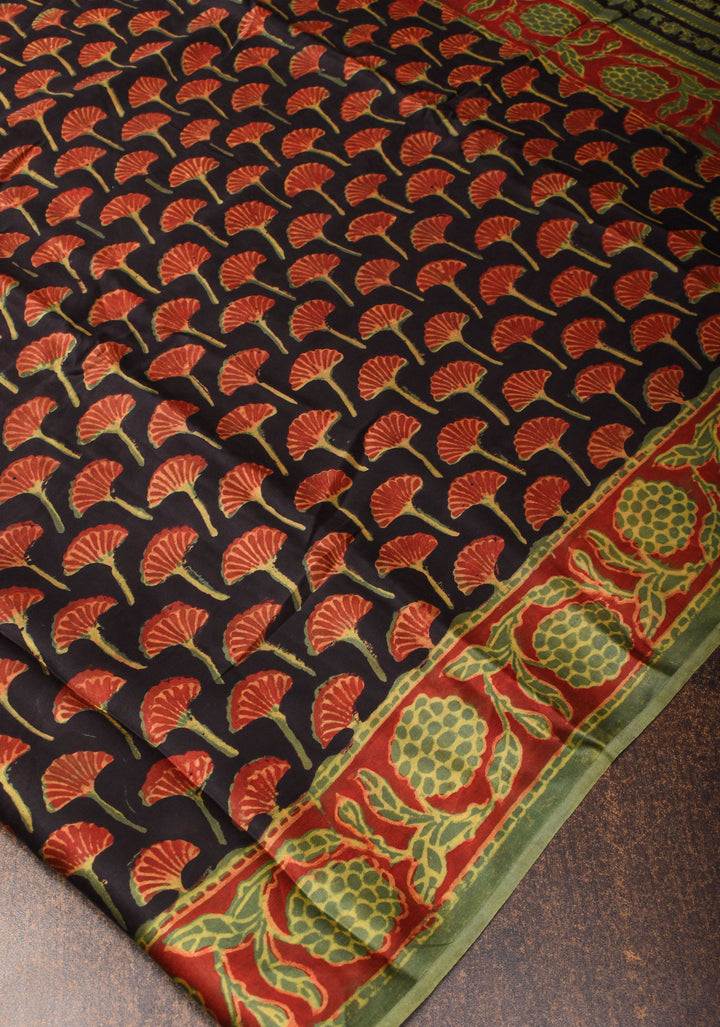 Vanaspati Hand Block Print on Modal Silk Saree in Black
