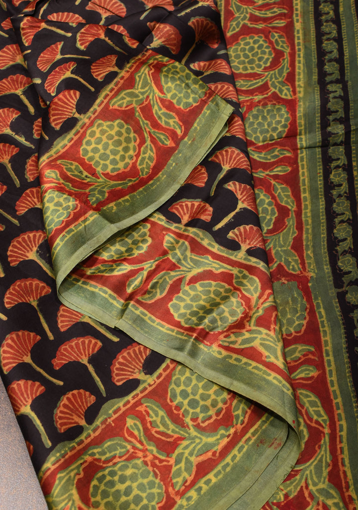 Vanaspati Hand Block Print on Modal Silk Saree in Black