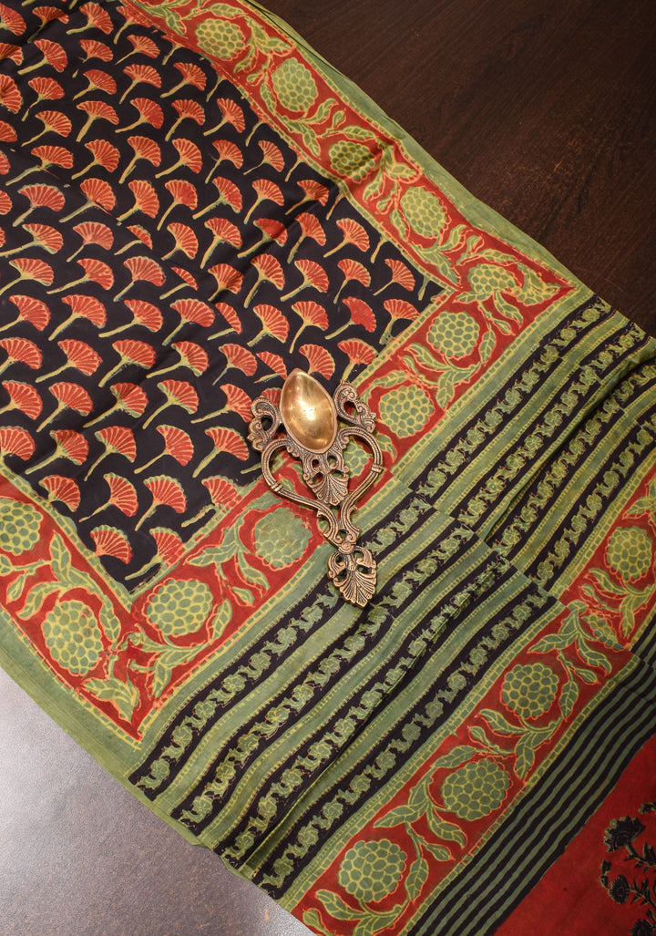 Vanaspati Hand Block Print on Modal Silk Saree in Black