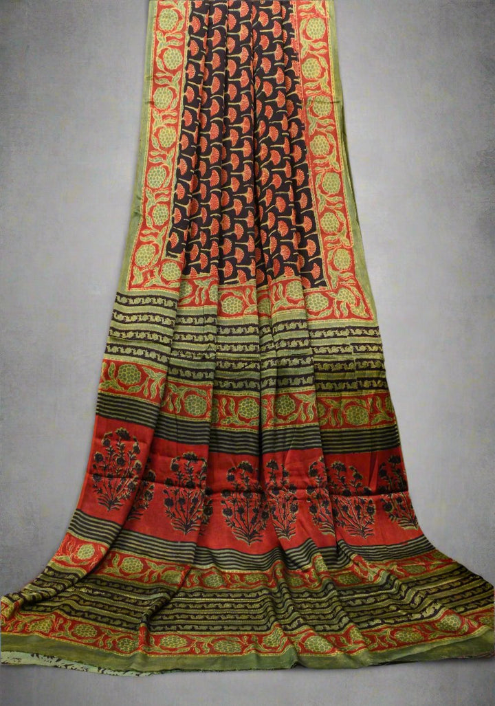 Vanaspati Hand Block Print on Modal Silk Saree in Black