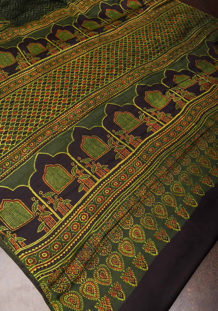 Green Ajrakh Hand Block Print on Modal Silk Saree