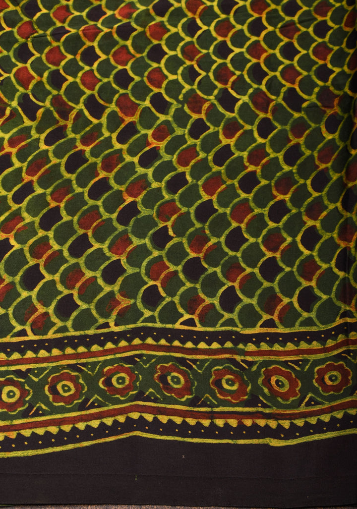 Green Ajrakh Hand Block Print on Modal Silk Saree