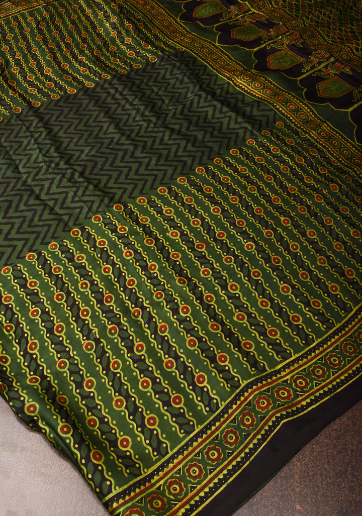 Green Ajrakh Hand Block Print on Modal Silk Saree