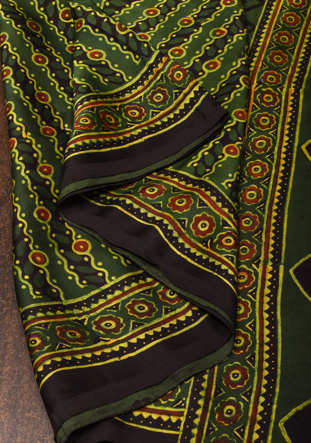 Green Ajrakh Hand Block Print on Modal Silk Saree