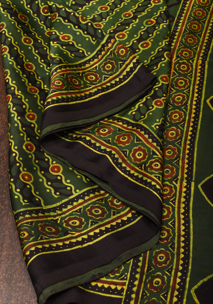 Green Ajrakh Hand Block Print on Modal Silk Saree