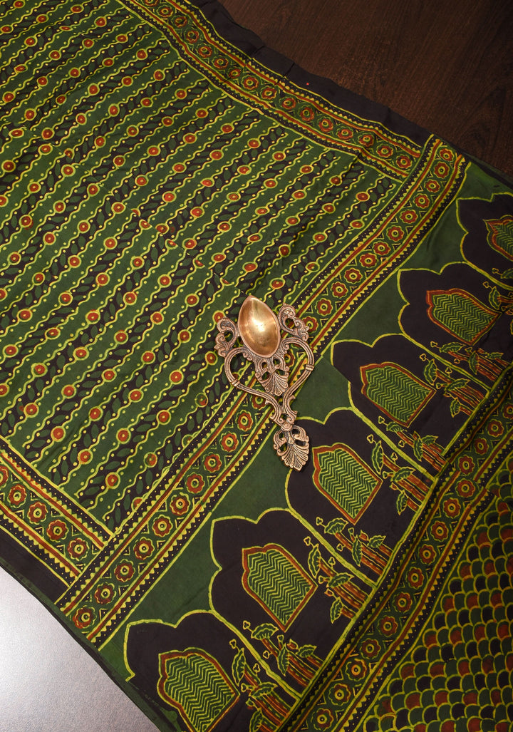 Green Ajrakh Hand Block Print on Modal Silk Saree