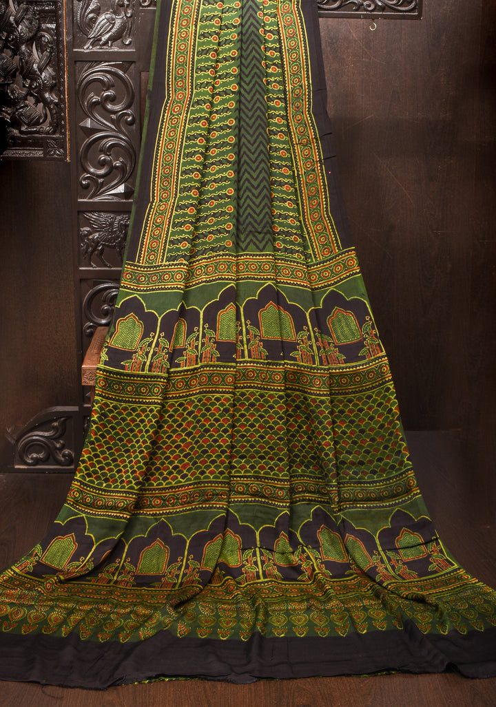 Green Ajrakh Hand Block Print on Modal Silk Saree