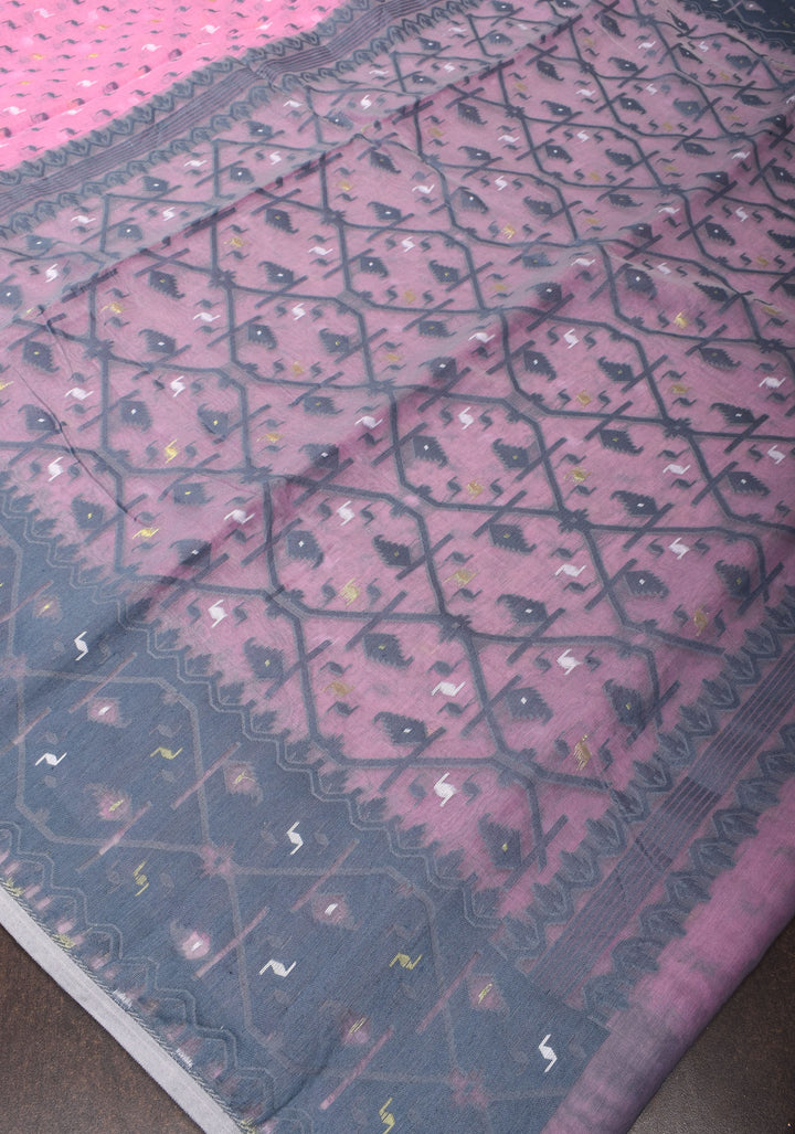 Bengal Cotton saree in Baby Pink and Gray with Jamdani style Design, No Blouse Piece