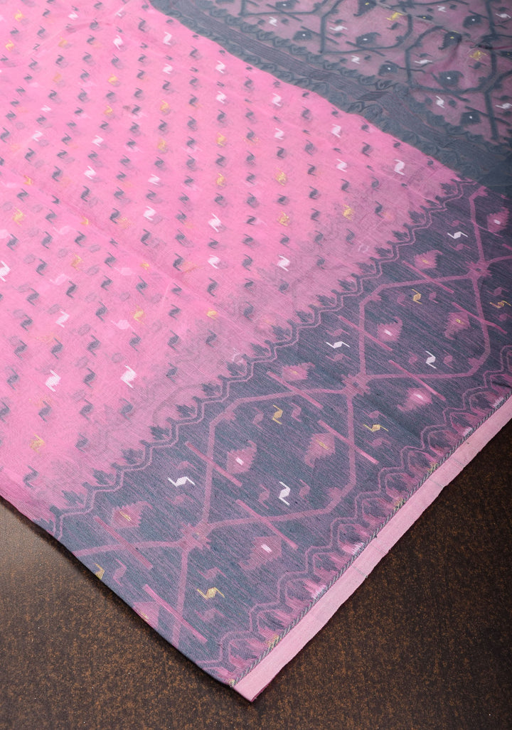 Bengal Cotton saree in Baby Pink and Gray with Jamdani style Design, No Blouse Piece