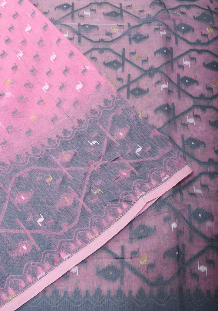 Bengal Cotton saree in Baby Pink and Gray with Jamdani style Design, No Blouse Piece