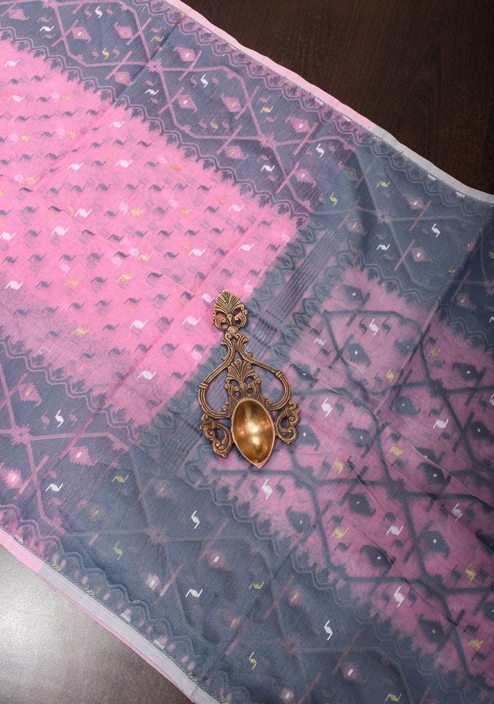 Bengal Cotton saree in Baby Pink and Gray with Jamdani style Design, No Blouse Piece