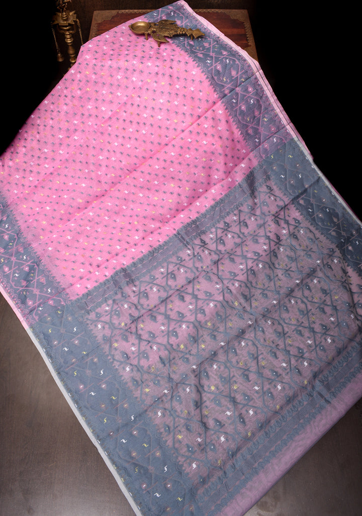 Bengal Cotton saree in Baby Pink and Gray with Jamdani style Design, No Blouse Piece
