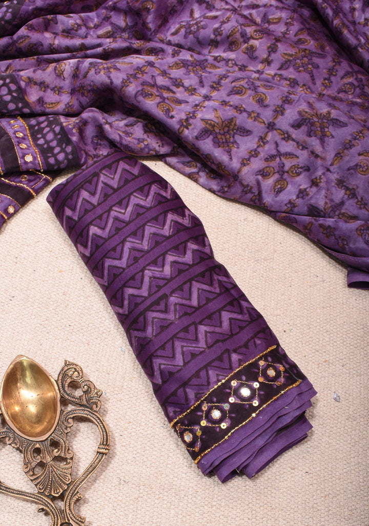 Dark Lilac Modal Silk Saree with Vanaspati Hand Block Print Cutdana & Sequins Work