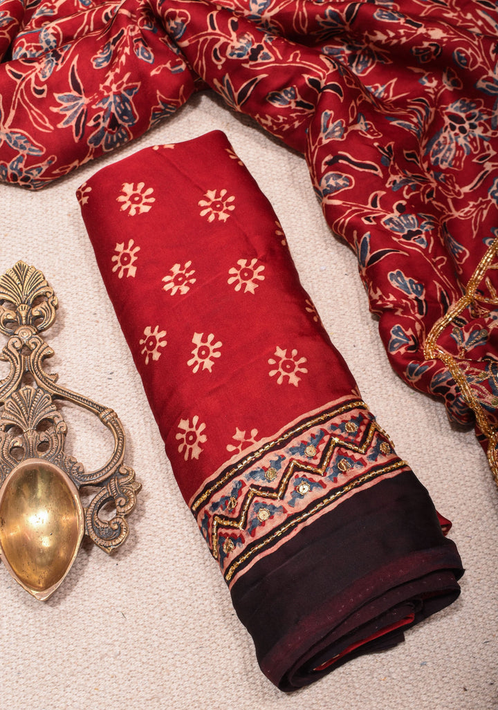 Red Ajrakh Hand Block Print on Modal Silk Saree with Cutdana & Sequins Work