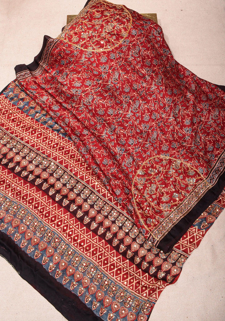 Red Ajrakh Hand Block Print on Modal Silk Saree with Cutdana & Sequins Work