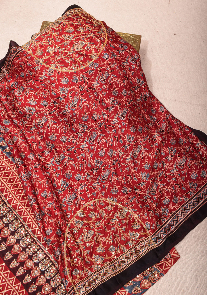 Red Ajrakh Hand Block Print on Modal Silk Saree with Cutdana & Sequins Work