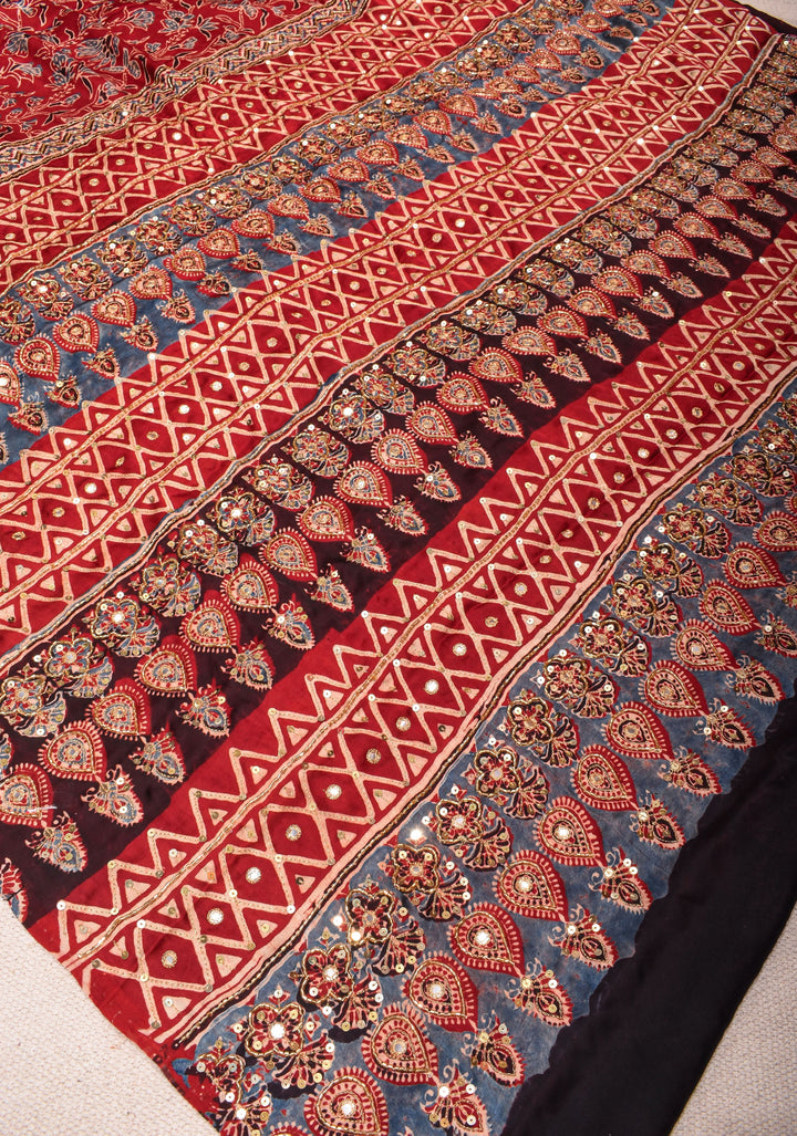 Red Ajrakh Hand Block Print on Modal Silk Saree with Cutdana & Sequins Work