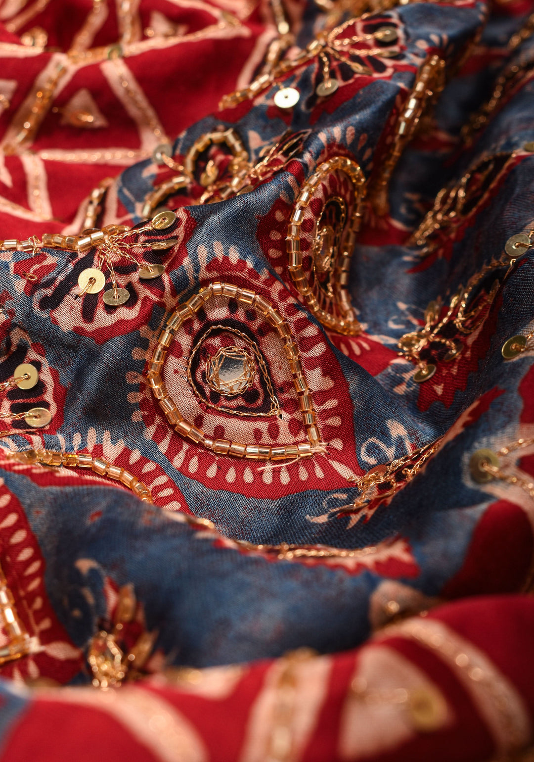 Red Ajrakh Hand Block Print on Modal Silk Saree with Cutdana & Sequins Work