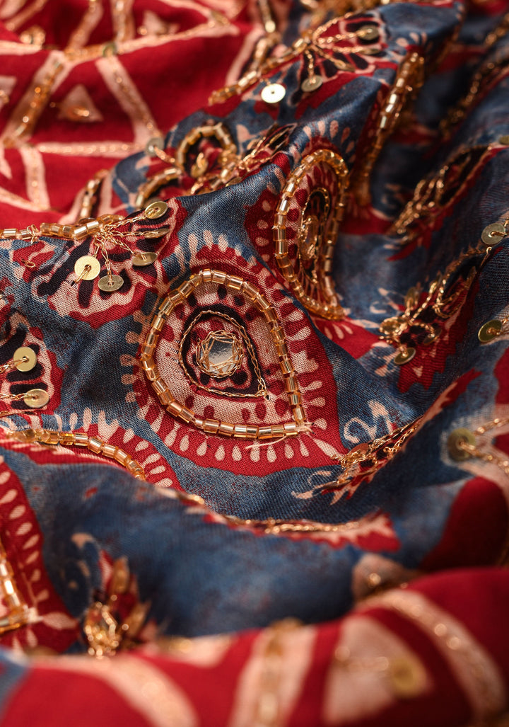 Red Ajrakh Hand Block Print on Modal Silk Saree with Cutdana & Sequins Work