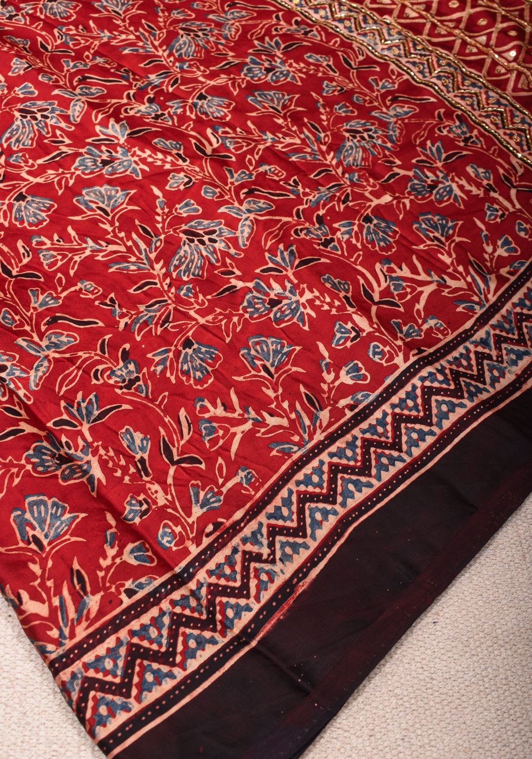 Red Ajrakh Hand Block Print on Modal Silk Saree with Cutdana & Sequins Work