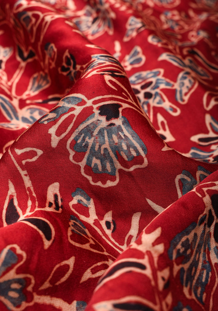 Red Ajrakh Hand Block Print on Modal Silk Saree with Cutdana & Sequins Work