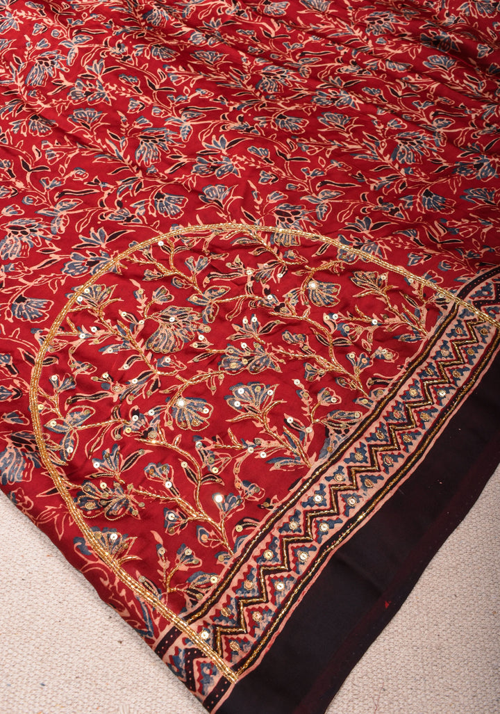 Red Ajrakh Hand Block Print on Modal Silk Saree with Cutdana & Sequins Work