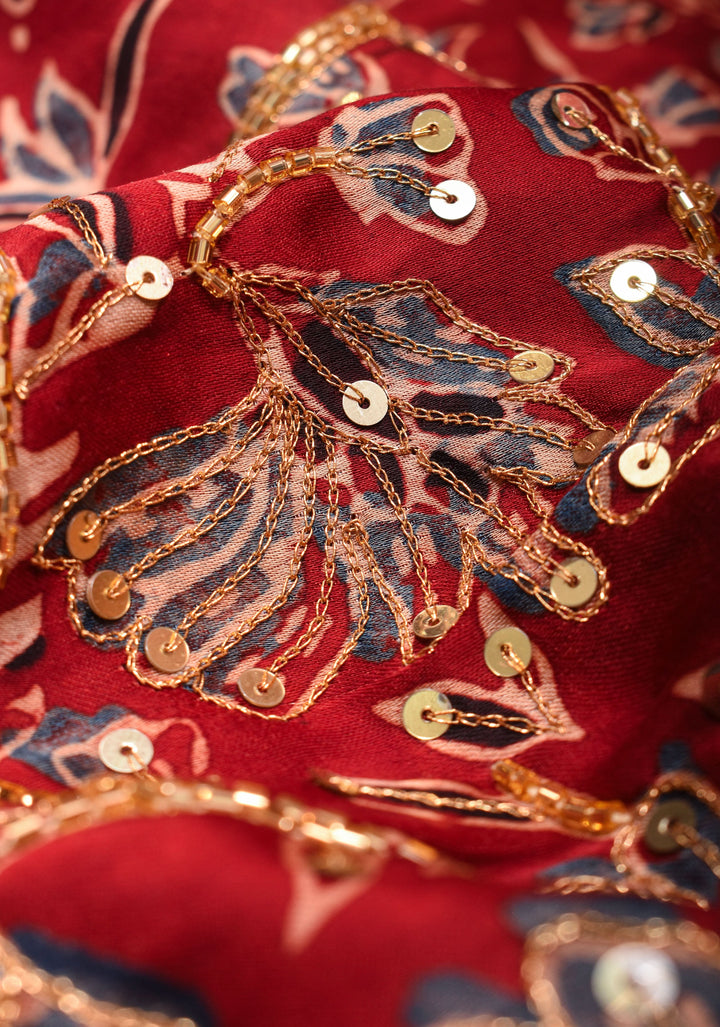 Red Ajrakh Hand Block Print on Modal Silk Saree with Cutdana & Sequins Work