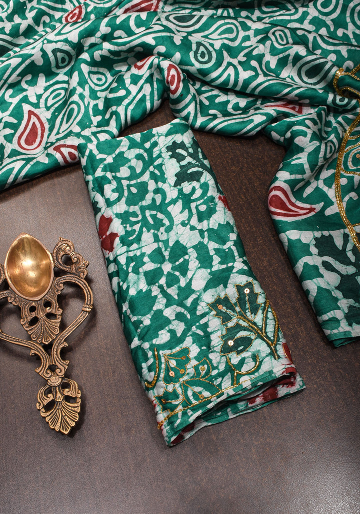 Green and Red Batik Print on Modal Silk Saree with sequins and Cutdana Work