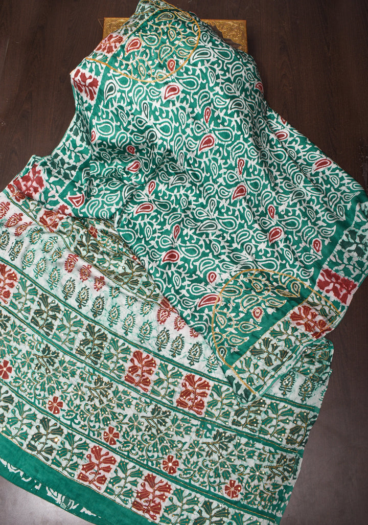 Green and Red Batik Print on Modal Silk Saree with sequins and Cutdana Work