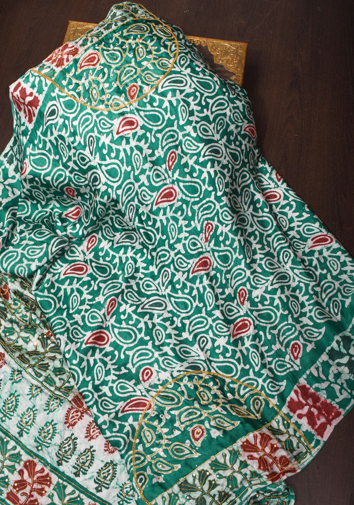 Green and Red Batik Print on Modal Silk Saree with sequins and Cutdana Work
