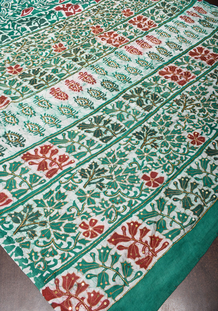 Green and Red Batik Print on Modal Silk Saree with sequins and Cutdana Work