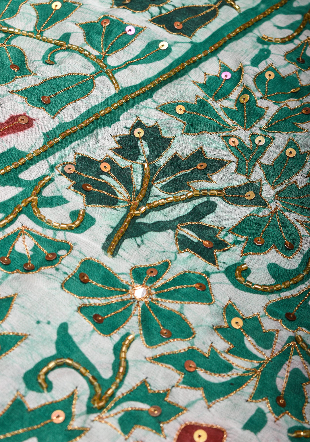 Green and Red Batik Print on Modal Silk Saree with sequins and Cutdana Work