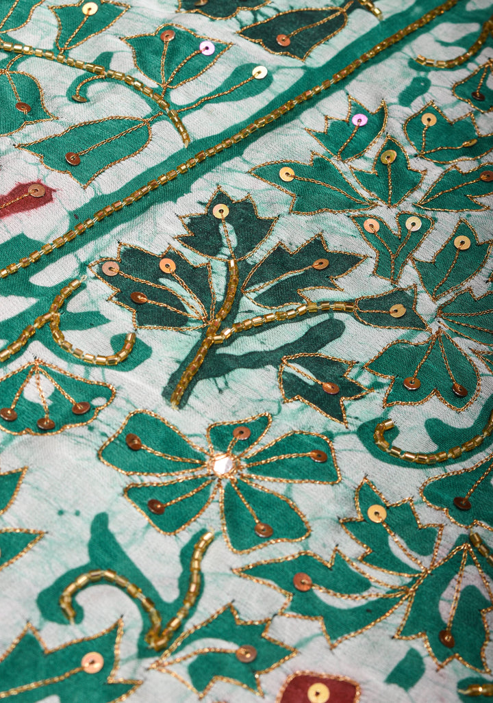 Green and Red Batik Print on Modal Silk Saree with sequins and Cutdana Work
