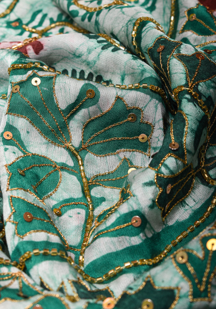 Green and Red Batik Print on Modal Silk Saree with sequins and Cutdana Work