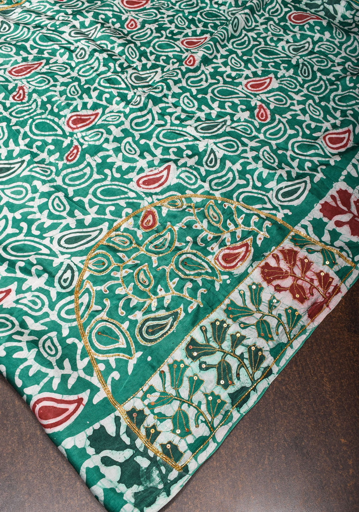 Green and Red Batik Print on Modal Silk Saree with sequins and Cutdana Work