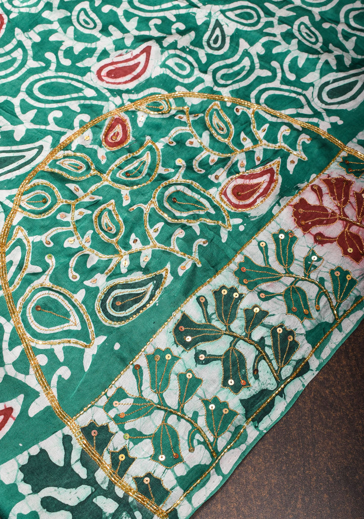 Green and Red Batik Print on Modal Silk Saree with sequins and Cutdana Work