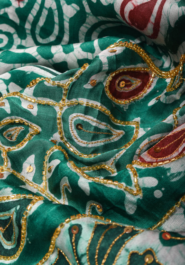 Green and Red Batik Print on Modal Silk Saree with sequins and Cutdana Work