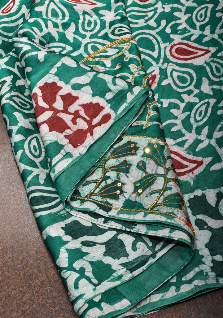 Green and Red Batik Print on Modal Silk Saree with sequins and Cutdana Work