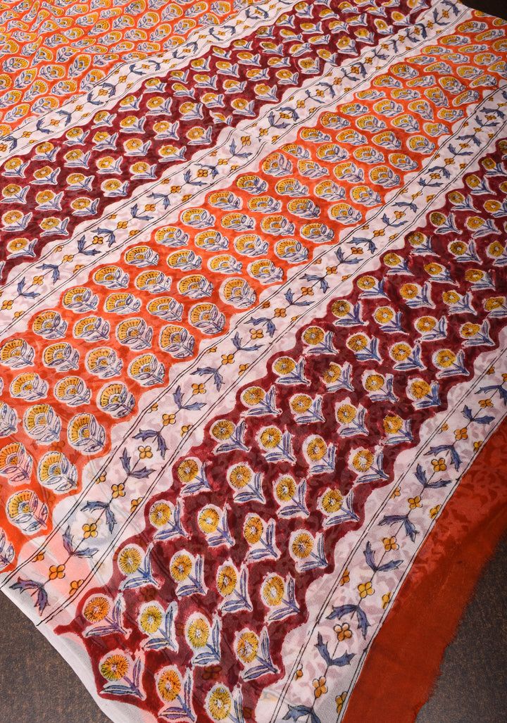 Orange Georgette Saree with Sanganeri Hand Block Print