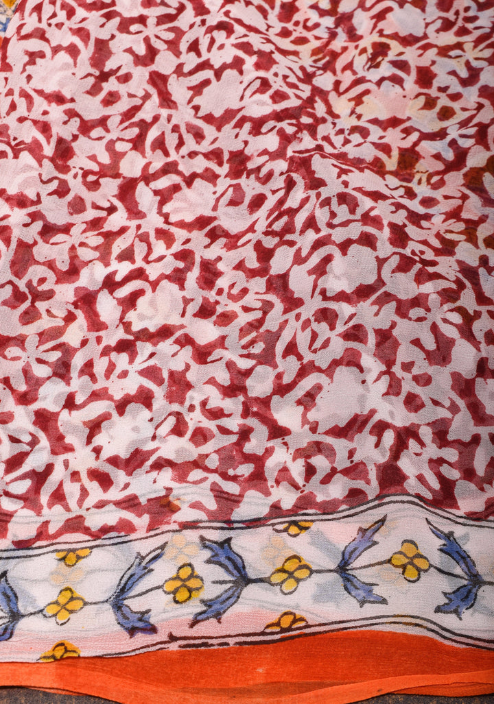 Orange Georgette Saree with Sanganeri Hand Block Print