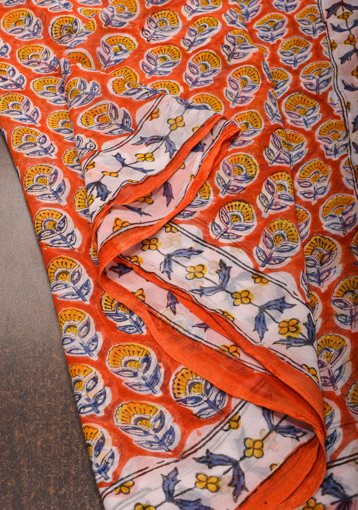 Orange Georgette Saree with Sanganeri Hand Block Print