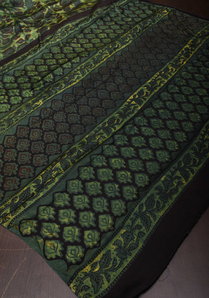 Vanaspati Hand Block Print on Modal Silk Saree in Green