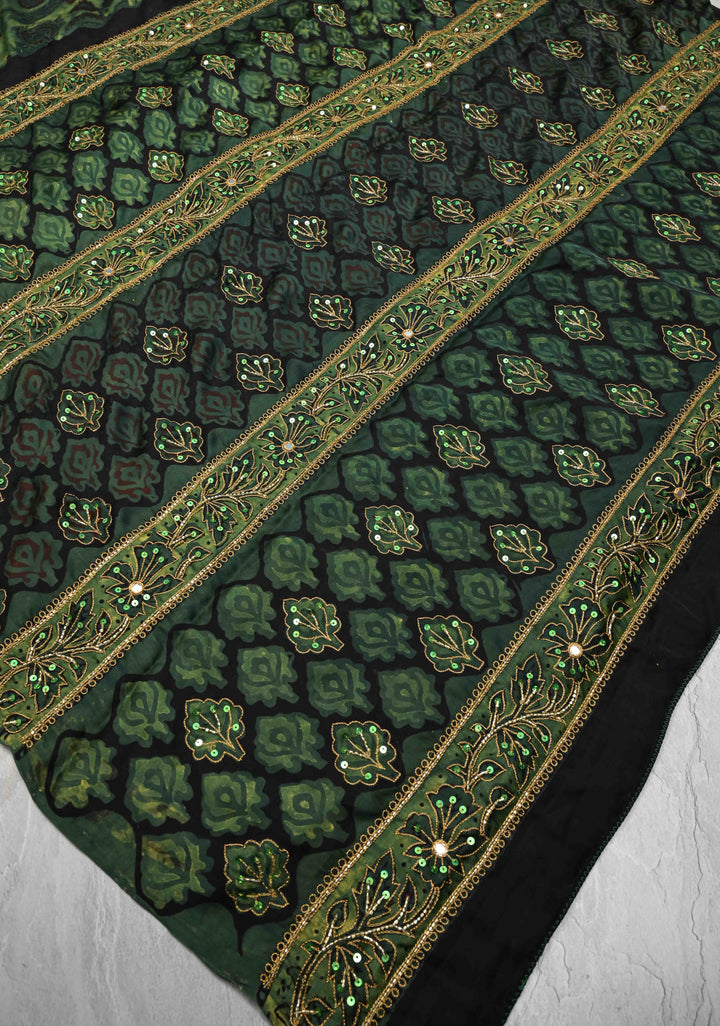 Green Modal Silk Saree with Vanaspati Hand Block Print, Sequins, Cutdana and Mirror Hand embroidery