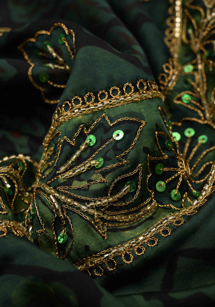 Green Modal Silk Saree with Vanaspati Hand Block Print, Sequins, Cutdana and Mirror Hand embroidery