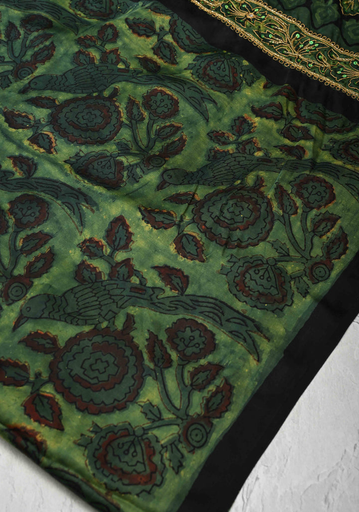 Green Modal Silk Saree with Vanaspati Hand Block Print, Sequins, Cutdana and Mirror Hand embroidery