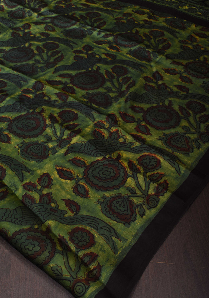 Vanaspati Hand Block Print on Modal Silk Saree in Green